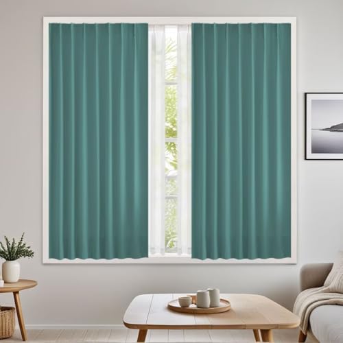 YKFN カーテン 4枚セット 遮光カーテン 250cm丈 幅120cm 小窓 4枚組 断熱 保温 防寒 遮熱 防音 節電対策 冷気遮断 UVカット 昼夜目隠し おしゃれ 北欧 無地 アジャスターフック付 タッセル シンプル リビング 間仕切り ドレープ2枚 レース2枚 ブルーグリーン